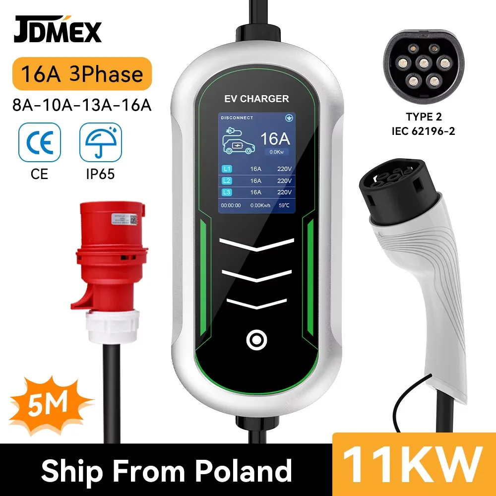 11KWType2PortableEVCharger16A3PhaseWallbox5MFastChargingCableIP65ElectricCarEVChargerwithLeakageProtection