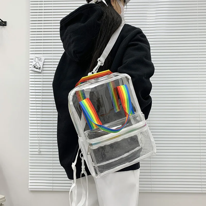 Korean Transparent PVC Backpack Large Capacity Waterproof Zipper Multi Sandwich Men\'s School Bag Casual Women\'s Travel Bag