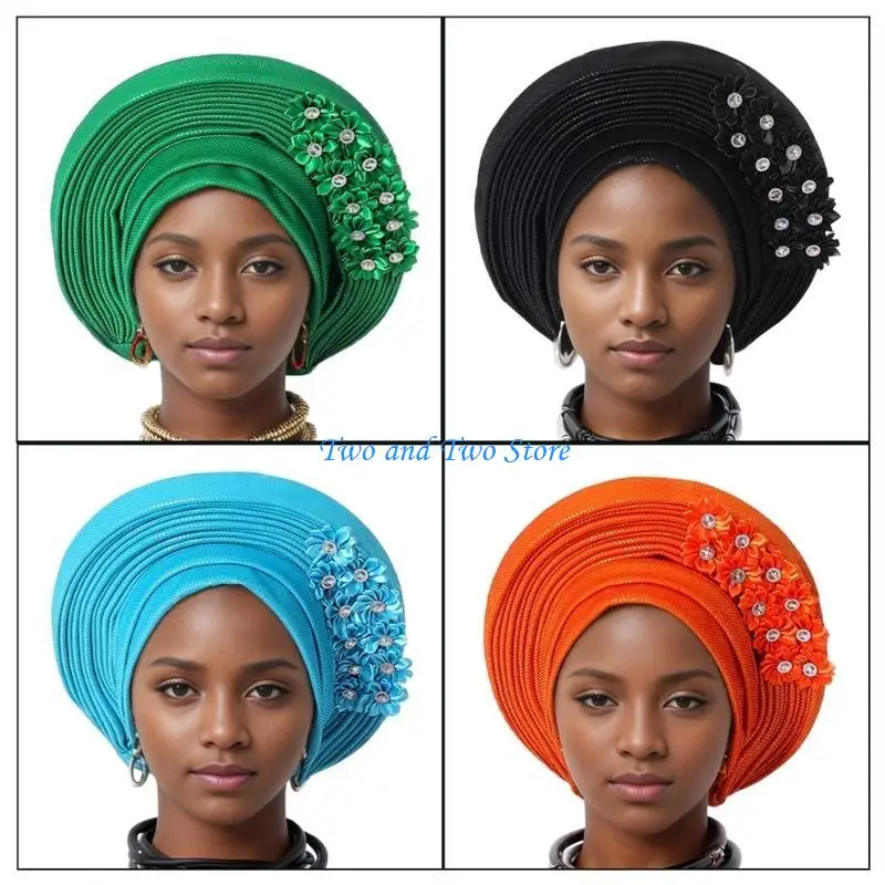 

HX6F Popular Turban Hat for Women with Bright Silk African Wedding Bonnet Hat Multilayer African Head Wrap with Flower
