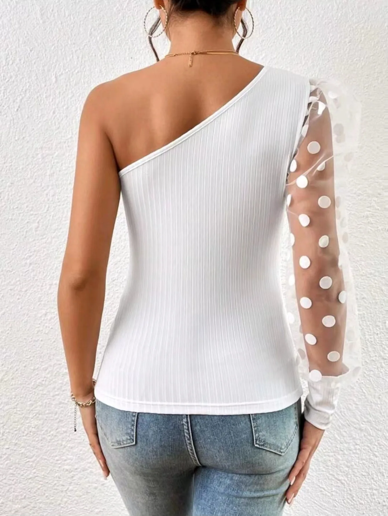 Off-shoulder long-sleeved solid color top sexy off-shoulder waist women\'s T-shirt fashion simple polka dot mesh splicing women\'s