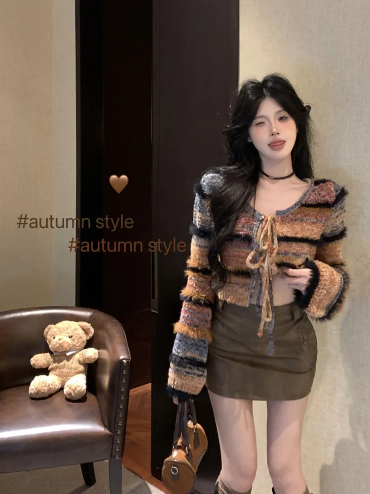 Korean Style Striped Long Sleeve Bandage Cardigan Women O-Neck Vintage Slim Crop Top Autumn 2024 Y2k High Street Fashion Sweater