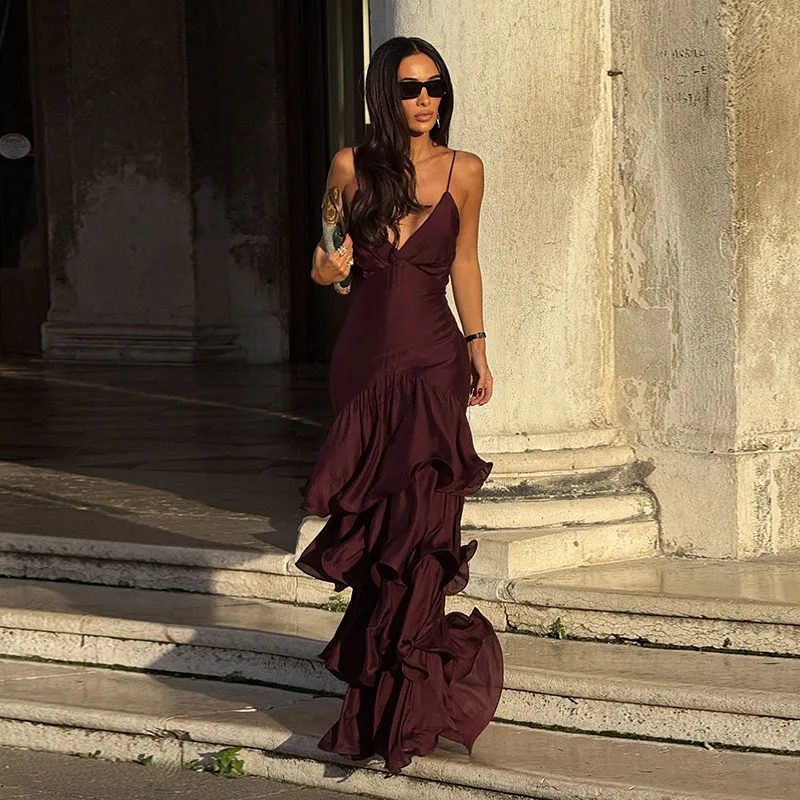 

Sexy Solid Ruffles Sling Dress Women Sleeveless Backless Empire V-neck Long Party Dresses Female Spring Chic Lady A-line Robes