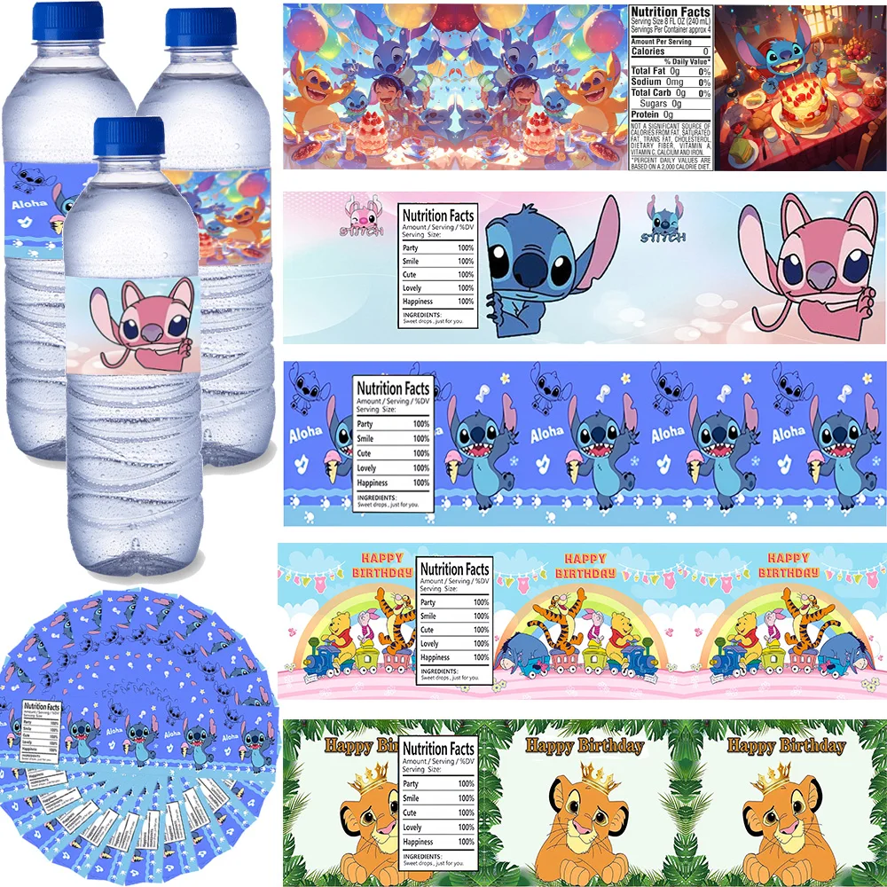 

Stitch Birthday Stickers Decorative Bottle Stickers Winnie the Pooh The Lion King Party Water Bottle Packaging Label Baby Shower