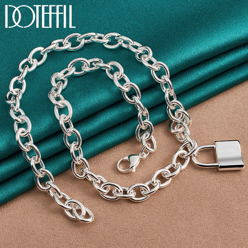 DOTEFFIL 925 Sterling Silver Square Lock Pendant Necklaces 18 Inch Chain For Man Women Love Wedding Party Jewelry