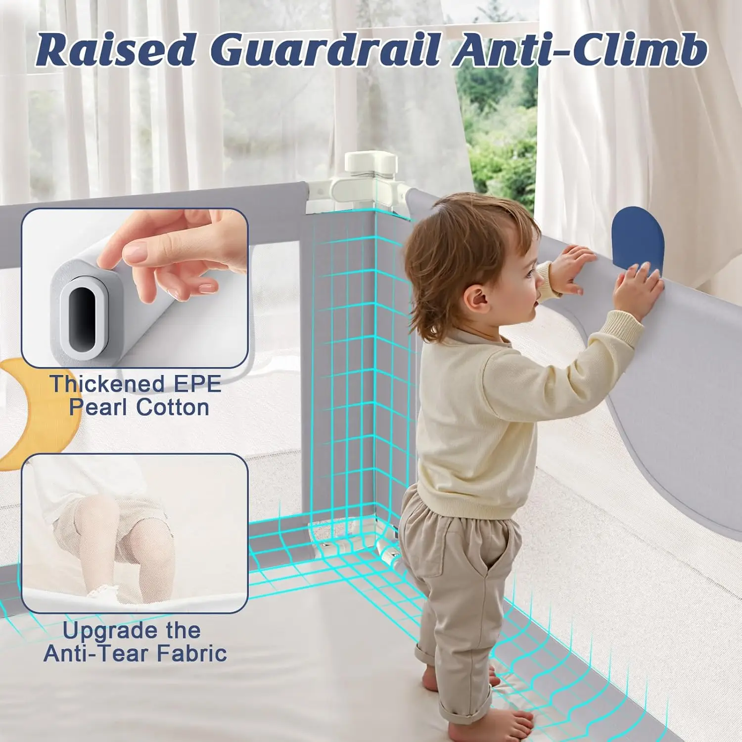 3ピース調節可能な幼児用ベッドレールガード、ヘッドボードサポート付き、ツイン/フル/クイーン/キングマットレスに適合