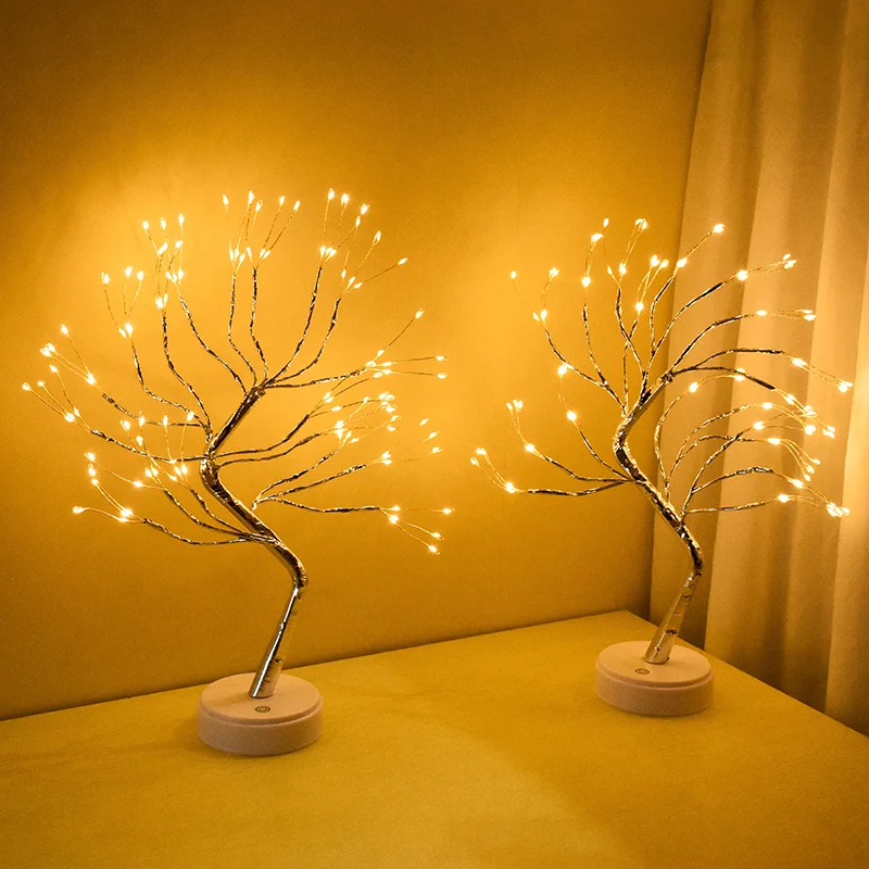 

LED Night Lights Full Sky Star Golden Leaf Willow Tree Copper Wire Garland Lamp Christmas Decor Home Indoor Room Decoration