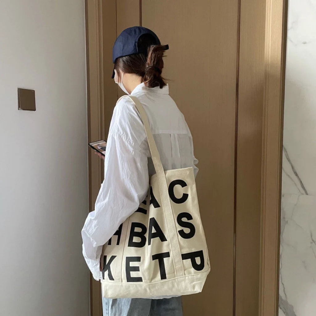 Women Canvas Shoulder Bag Letter Printing Ladies Casual Handbag Tote Bag Large Capacity Cotton Reusable Shopping Beach Bag 2022