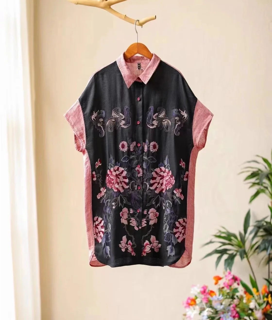 

New Chinese style Women's shirt 100% linen Patchwork embroidery vintage blouses Spring Short Sleeves long tops