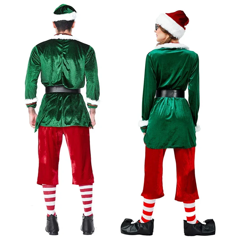 Fato de elfo verde deluxe masculino e feminino, árvore de Natal, veludo, Papai Noel, roupa de Natal, casais