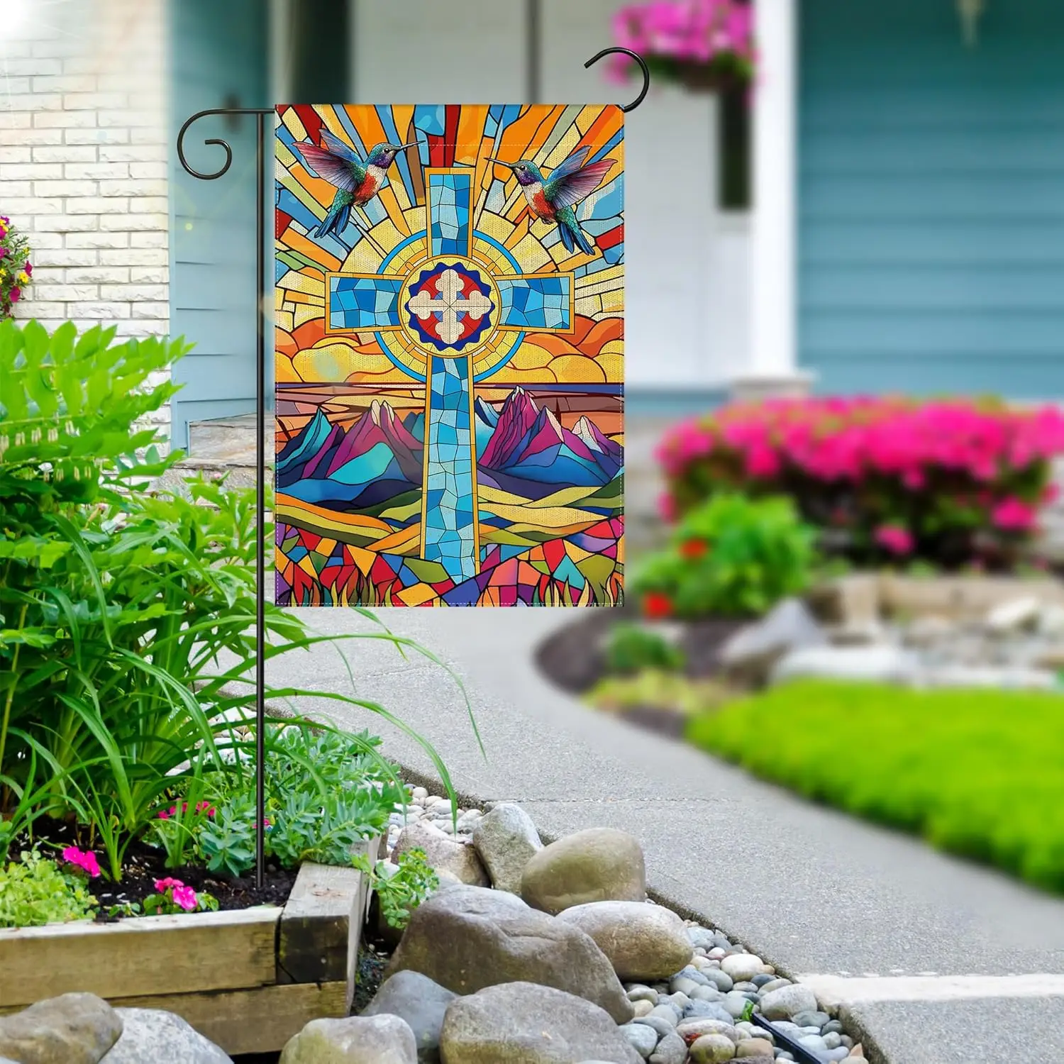 WATINC Christian Stained Glass Cross Garden Flag - 12 x 18 Inch Linen Religious Jesus Double Sided Yard Sign for Outside, Ea uui