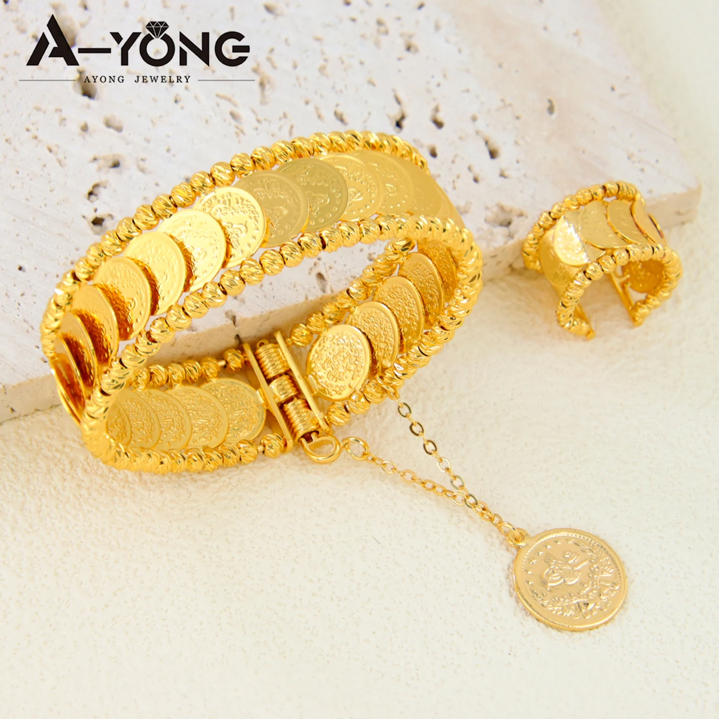 Luxury Arabic Coins Jewelry Set 24k Gold Plated Copper Waterproof Bracelet Ring Islamic Women Bridal Wedding Banquet Jewelrys