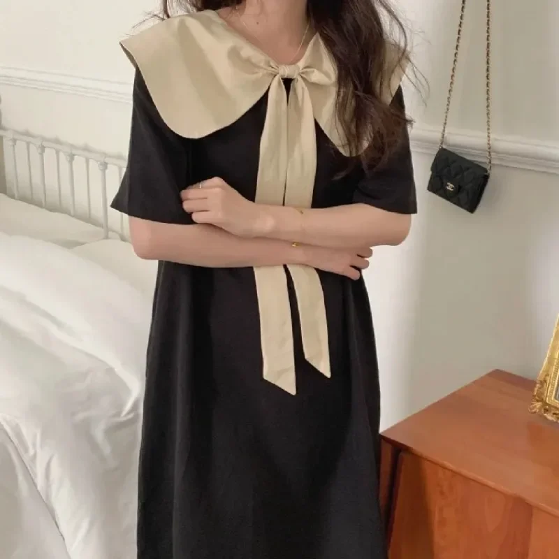 

Plus Size Women's French Vintage Solid A-line Dress Summer Fashion Casual Waist Cinching Slimming Long Skirt for Female