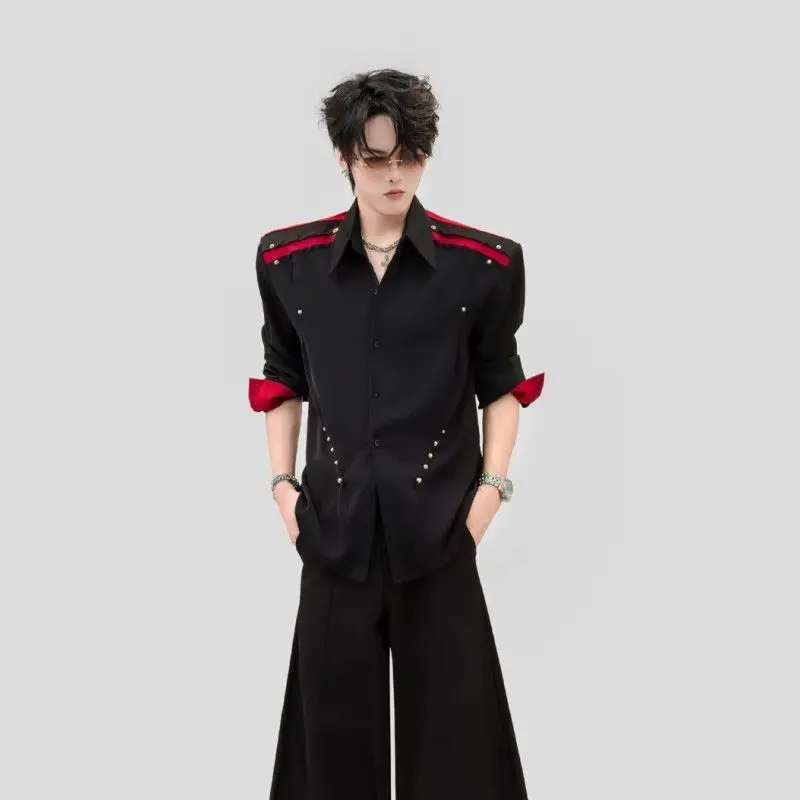 Unique Deconstructed Patchwork Design Long-sleeve Korean Shirt For Men Distinctive Rivet Cool Stylish Floral Blouse Street Wear