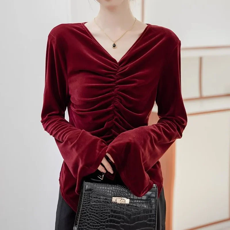 เสื้อเชิ้ตกำมะหยี่สีทองแบบผูกคอทรงเข้ารูป ดีไซน์จีบแบบฝรั่งเศส สำหรับผู้หญิง รุ่น Autumn Design