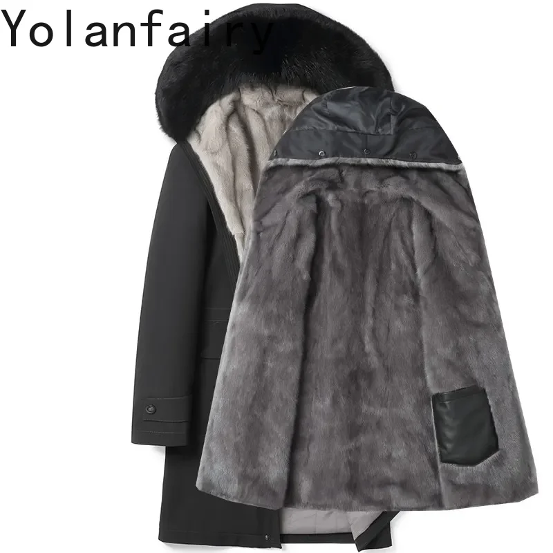 

YOLANFAIRY Genuine Fur Jacket Man Winter Detachable Mink Fur Liner Coats Long Warm Parkas Men Clothes Hooded Fox Fur Collar Coat