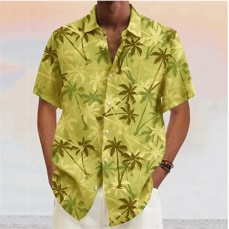 Men\'s Shirts 2024 Coconut Tree Print Lapel Button Down Shirt Red Hawaiian Short Sleeve Fashion Designer Casual Soft 7 Colors Sum