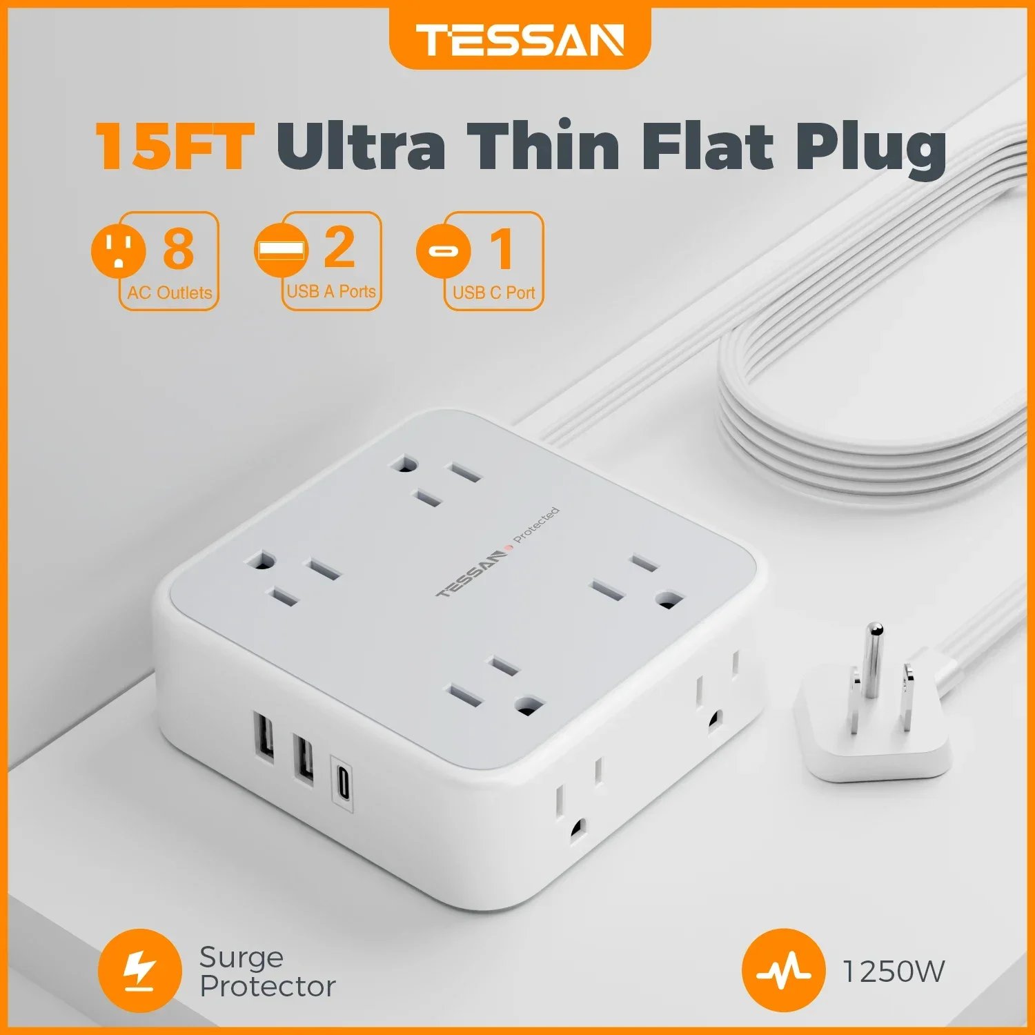 TESSAN Ultra Thin Flat Power Strip Plug with 8 Outlets 3 USB Multi Outlet Surge Protector with 5FT 10FT Extension Cable