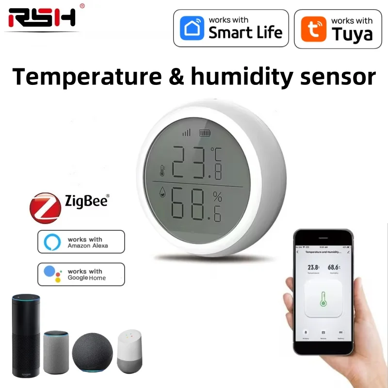 RSH Tuya Zigbee Smart Temperature And Humidity Sensor With LED Screen Display Compatiable With Alexa Google Assistant