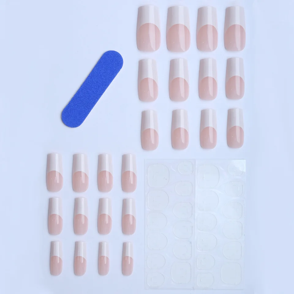 24 uñas postizas francesas blancas simples, ataúd mediano, nude, estilo moderno 4
