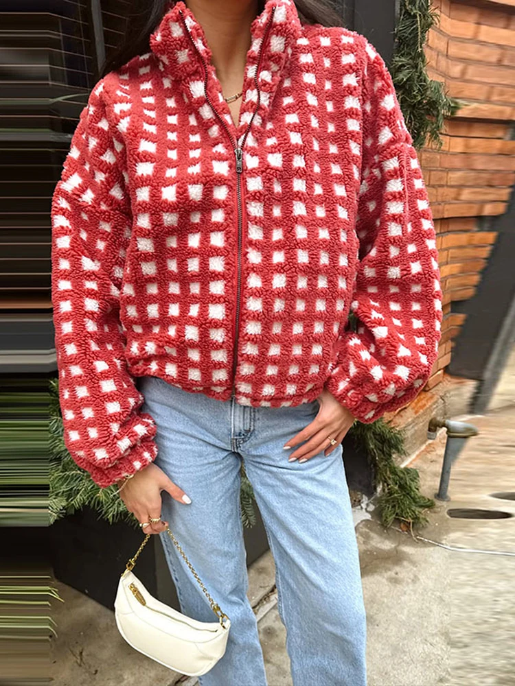 Fashion Plush Plaid Women's Jackets Coat Stand Collar Zipper Thicken Full Sleeve Coats Female Autumn Winter Lady Streetwears