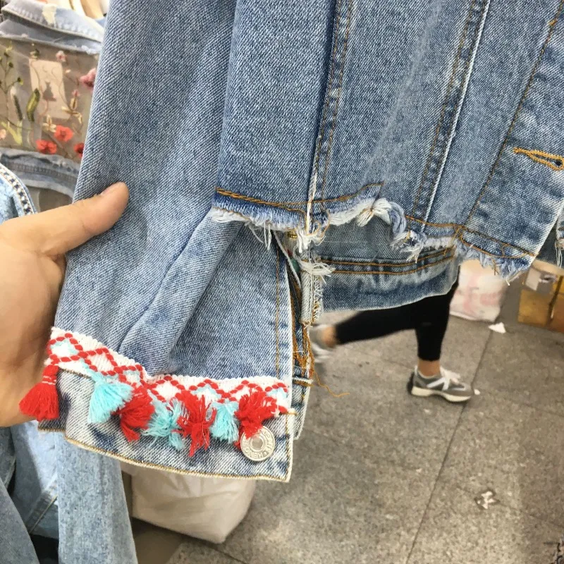 Luxury Brand Women New Retro Floral Embroidery Sequins Beading Fringe Loose Autumn Denim Jacket Coat Streetwear Long-sleeved Top