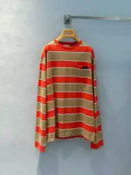 2024 Early Autumn Orange Red Stripe Patch Long Sleeve T Shirt Unisex Loose Fit Casual Style