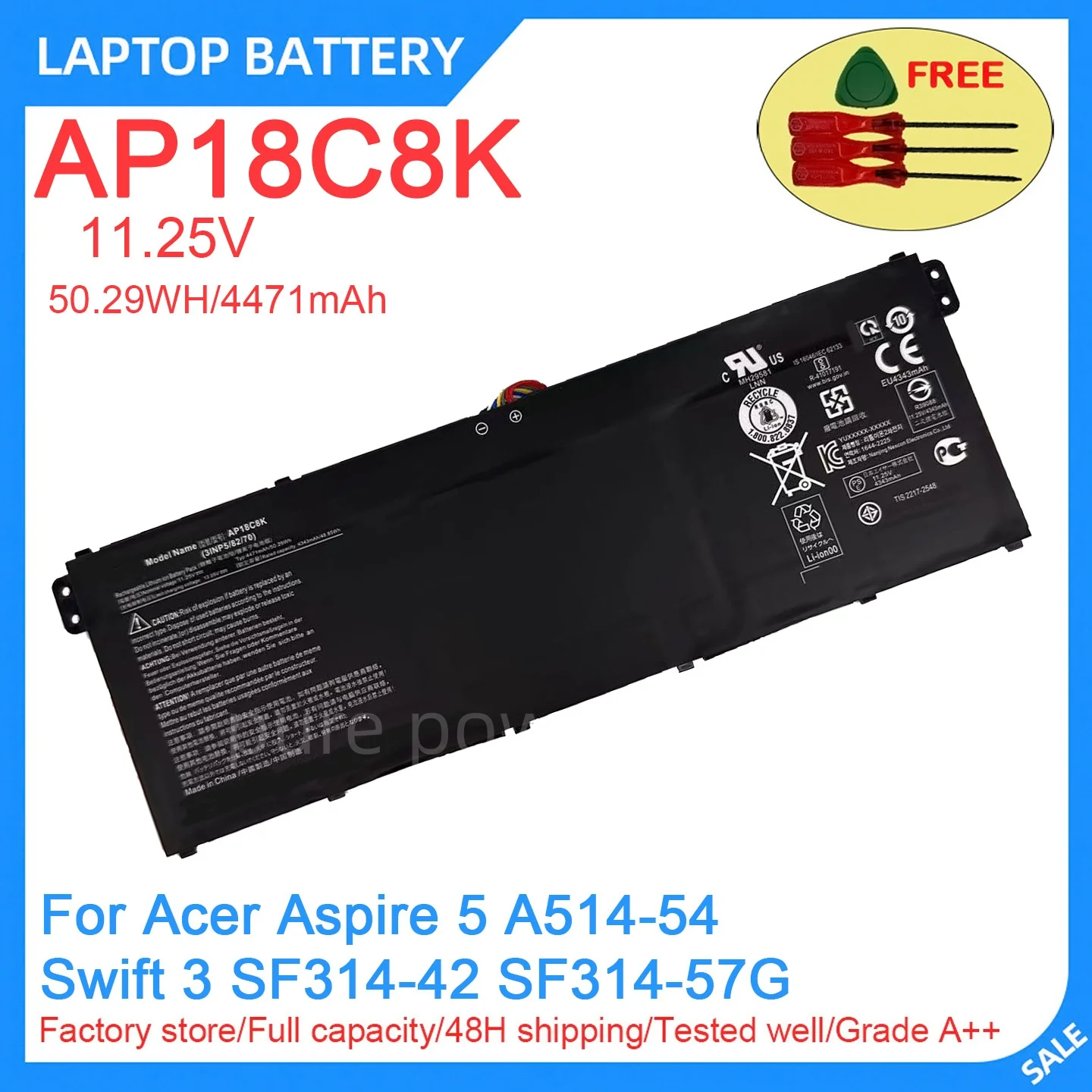 New Laptop Battery AP18C8K 11.25V 50.29WH 4471mAh High Quality For Acer Aspire 5 A514-54 Swift 3 SF314-42 SF314-57G