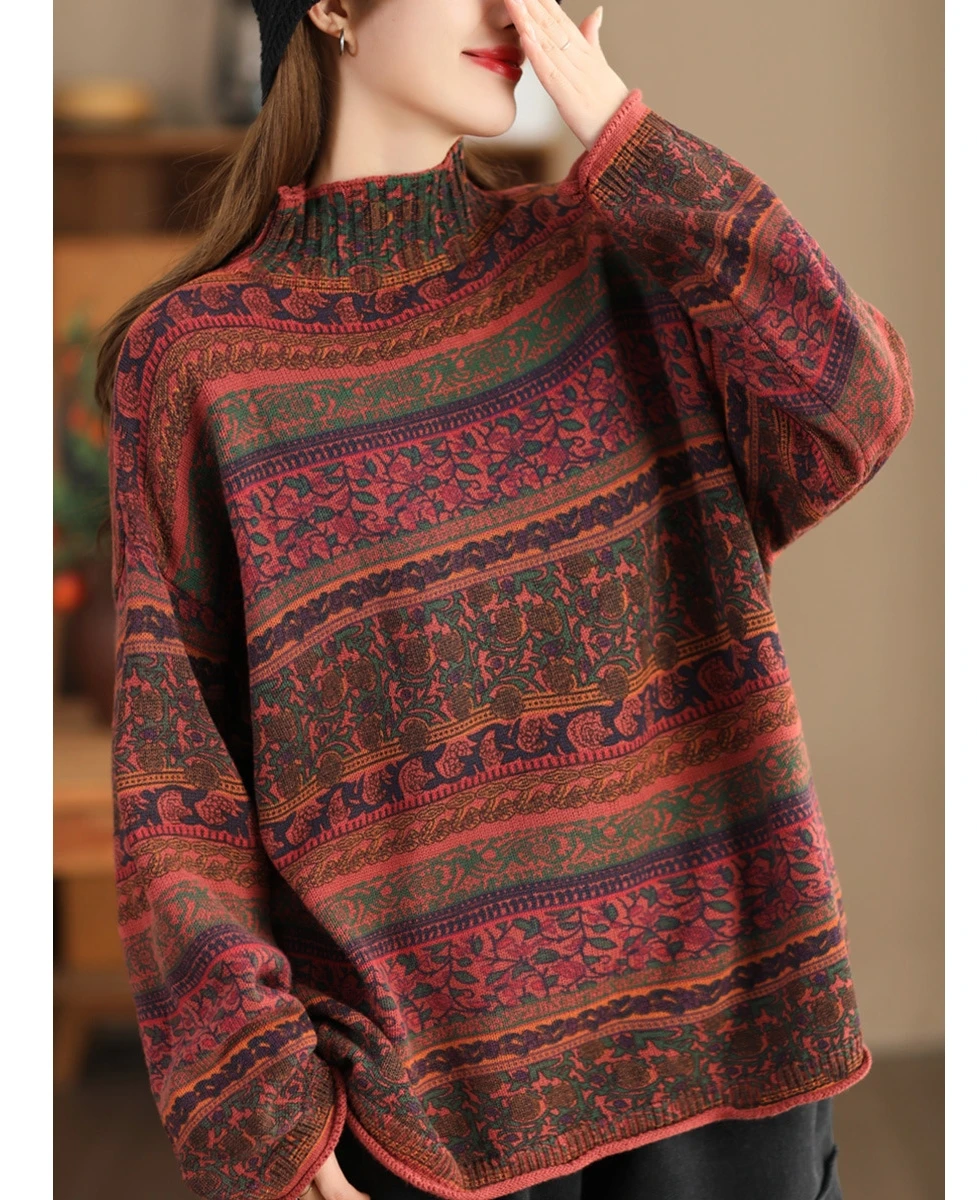 

Женские вязаные свитера, осень-зима, стиль Mori Girl, водолазка с воротником и принтом, свободные женские хлопковые пуловеры, дикие JJ906