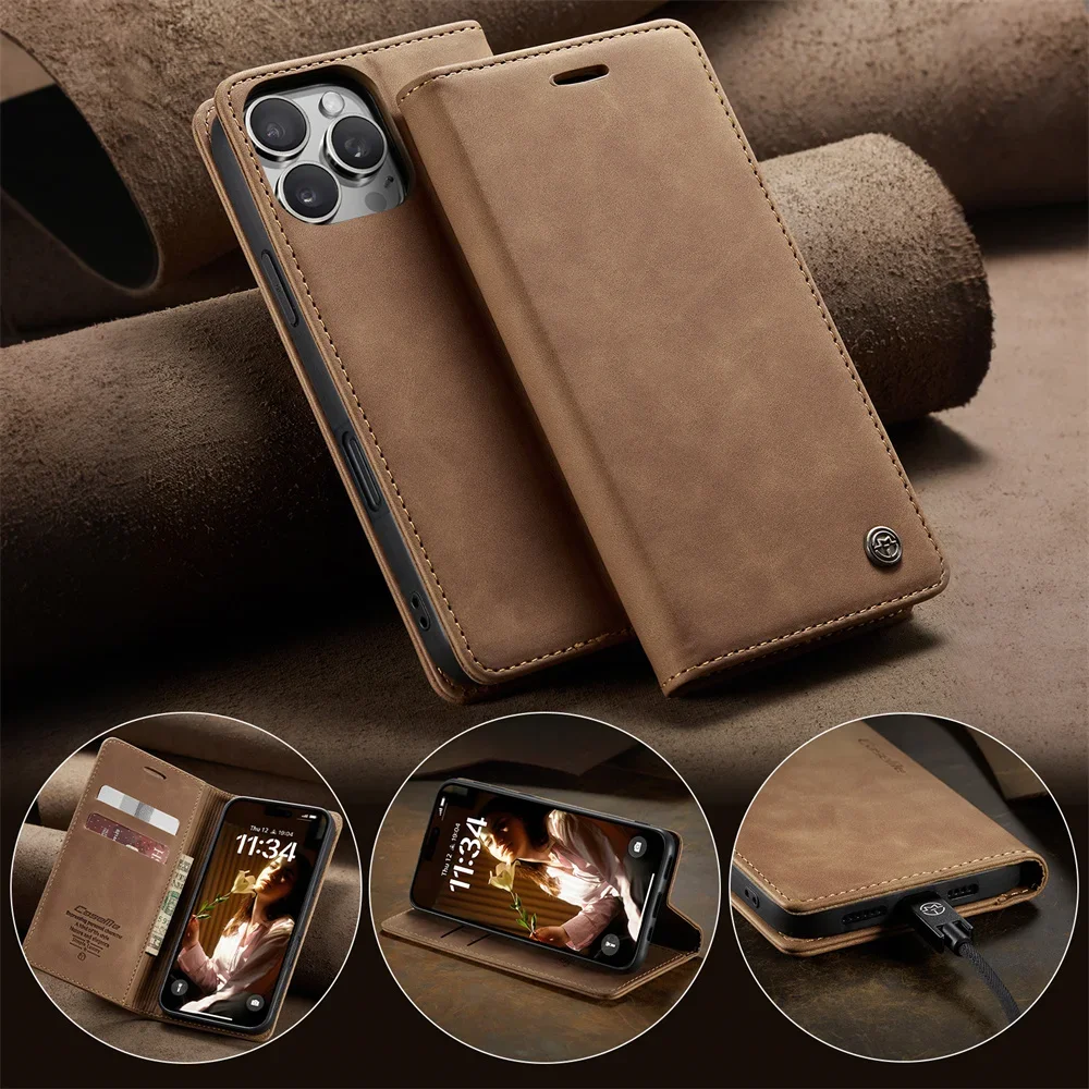 Case for iPhone 16 15 14 13 12 11 Pro Max Leather Kickstand Card Holder Pocket Stand Flip Magnetic Stand Flip Full Phone Cover