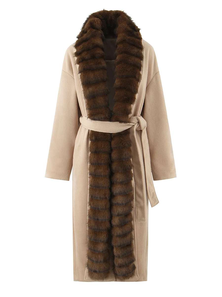 

Slimming Woolen Coat Women's Faionable Mid-Length Belted Waist Cinching Outerwear with Large Fur Collar Polyester Fiber