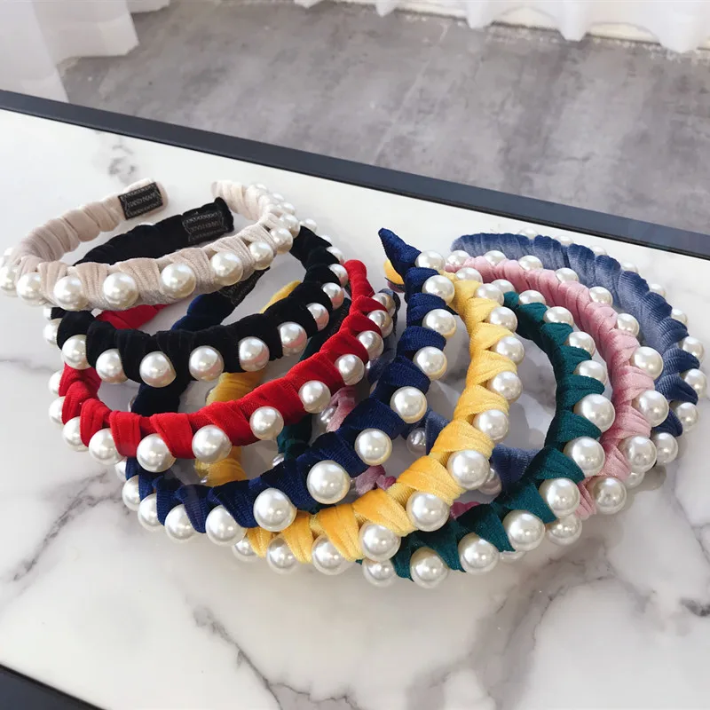 2023 Colorful Velvet Band Queen Pearl Hairbands Hair Hoops Bezel Thicked Vintage Fashion Wrapped Silk Braided Headband Head Wrap