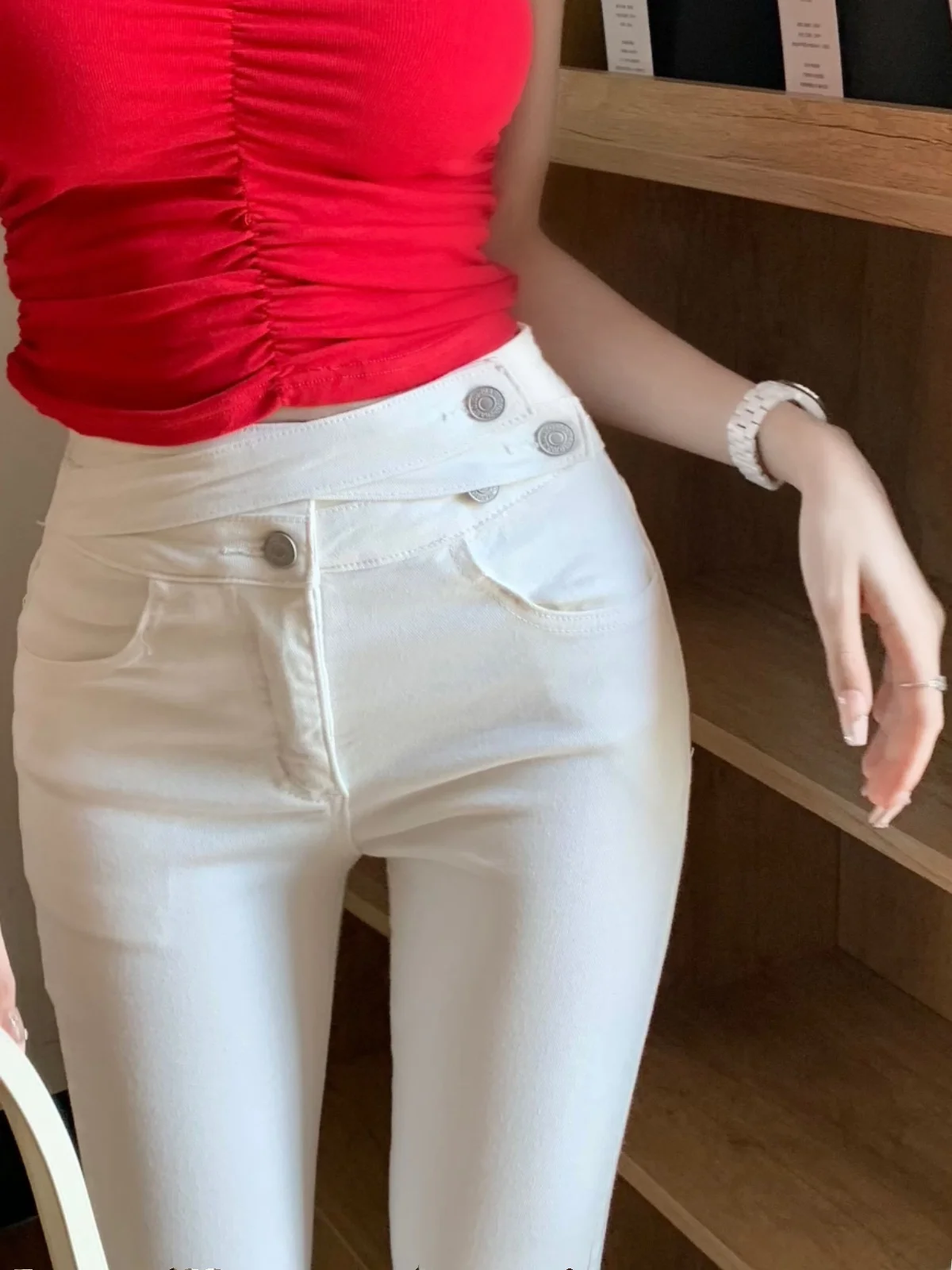 

High Waist Design Sensation White Denim Slim Fit Pants Women's Elastic Butt Lifting Long Pants Korean Sle Faionable