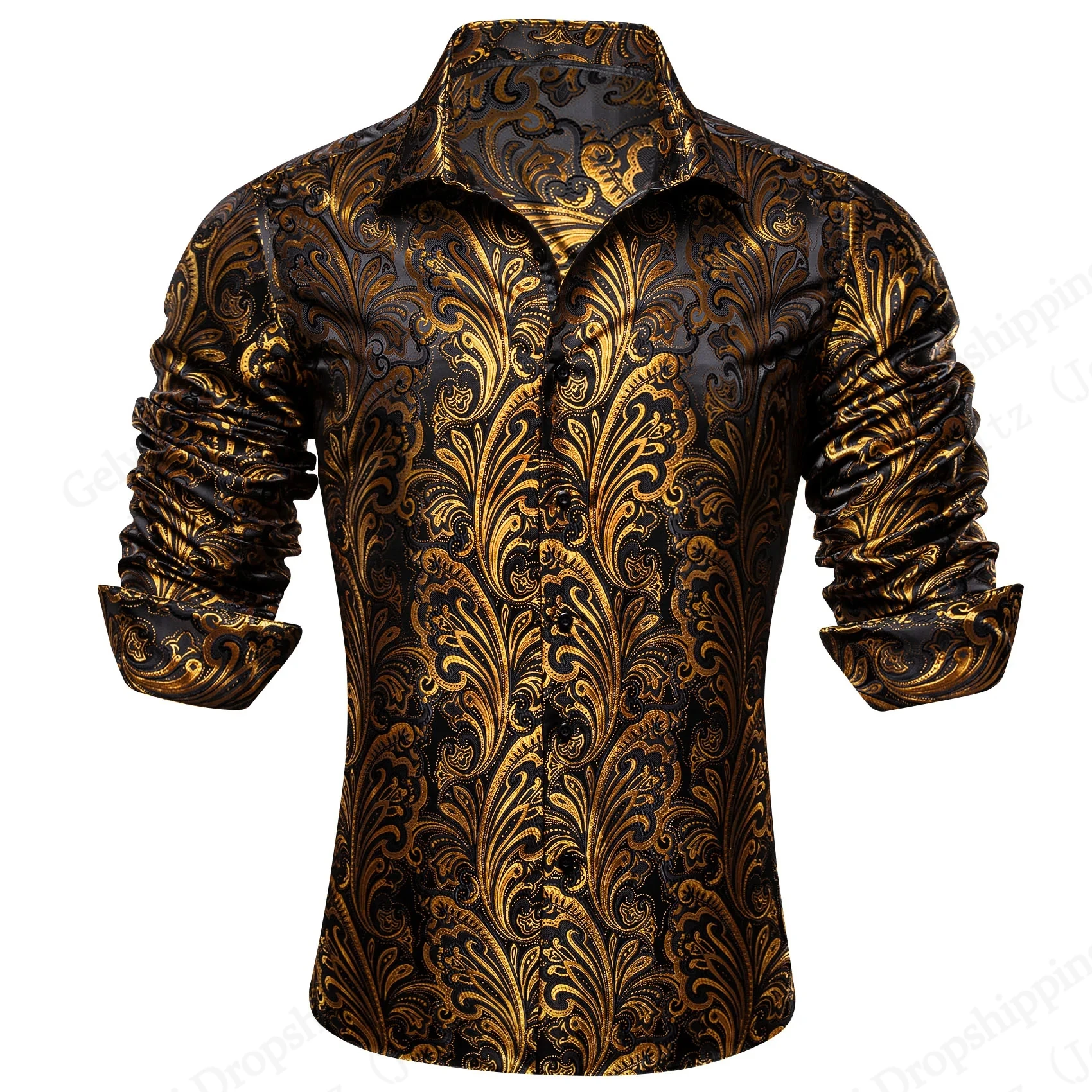 

Новая мужская роскошная дизайнерская рубашка с длинным рукавом с золотым цветком и 3d принтом Гавайская рубашка Мужская и женская модная шелковая повседневная блузка Винтаж