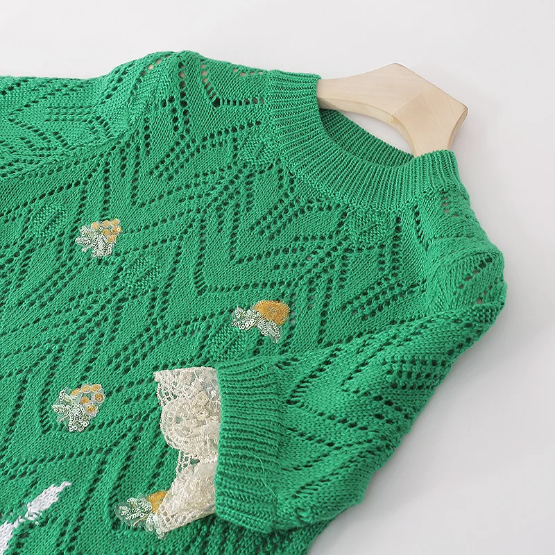 Sequins Crochet Hollow Collision Knit Sweater Loose Short Green Knitwear Tops Autumn/Winter Woman Clothing