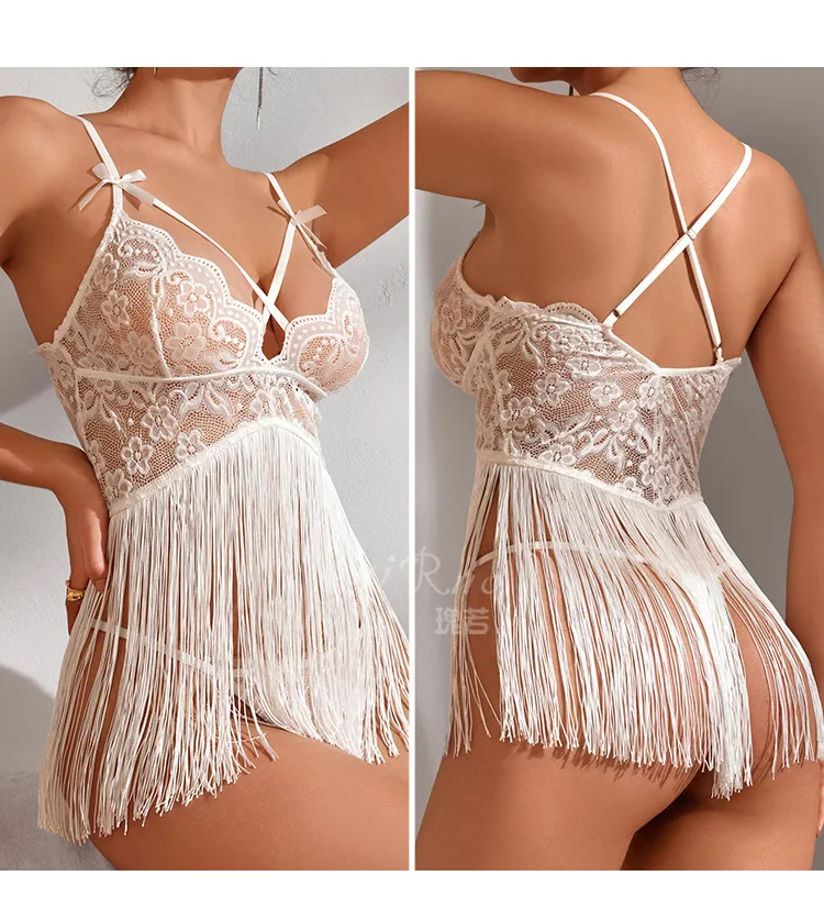 Sexy lingerie, pure lust, see-through lace, deep V, tempting tassel skirt, sexy backless nightgown set