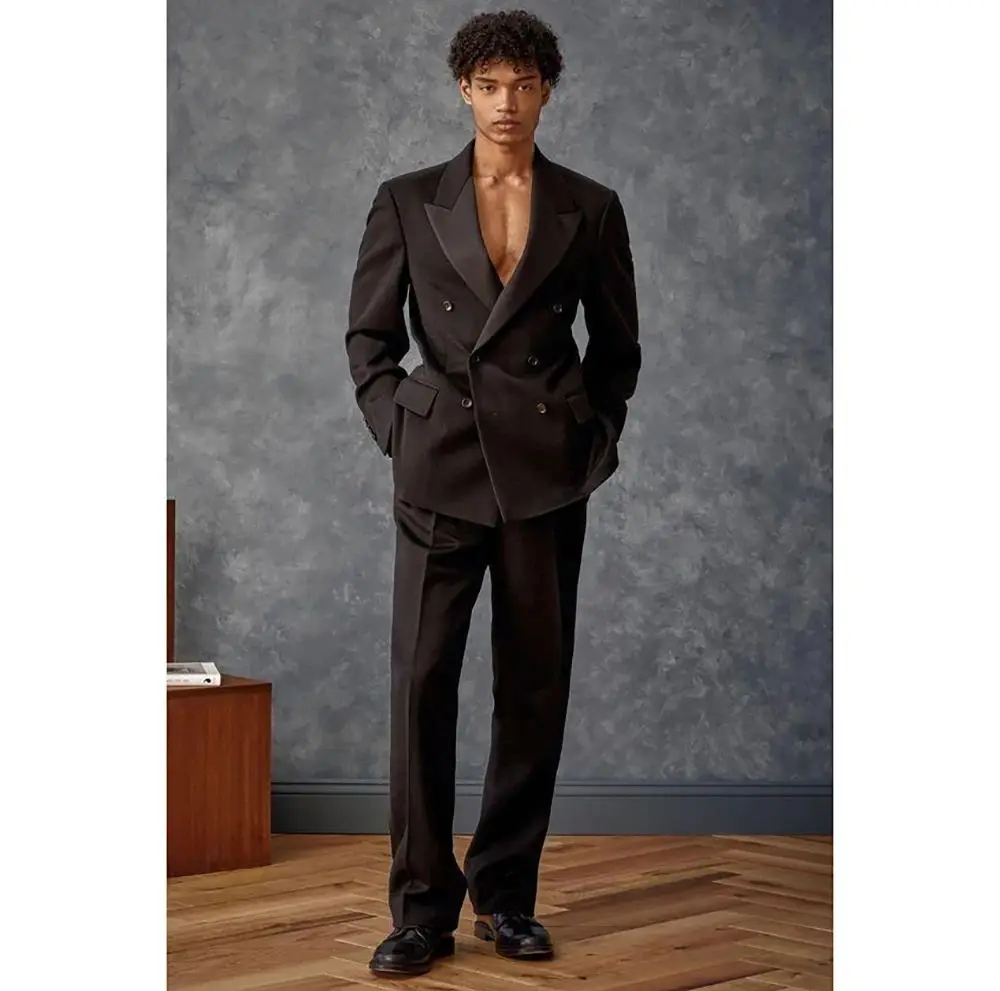 Classic Black Double Breasted Loose Fit Men Suit Two Pieces High Quality Lapel Outfits Chic Casual Party Prom Wedding Set