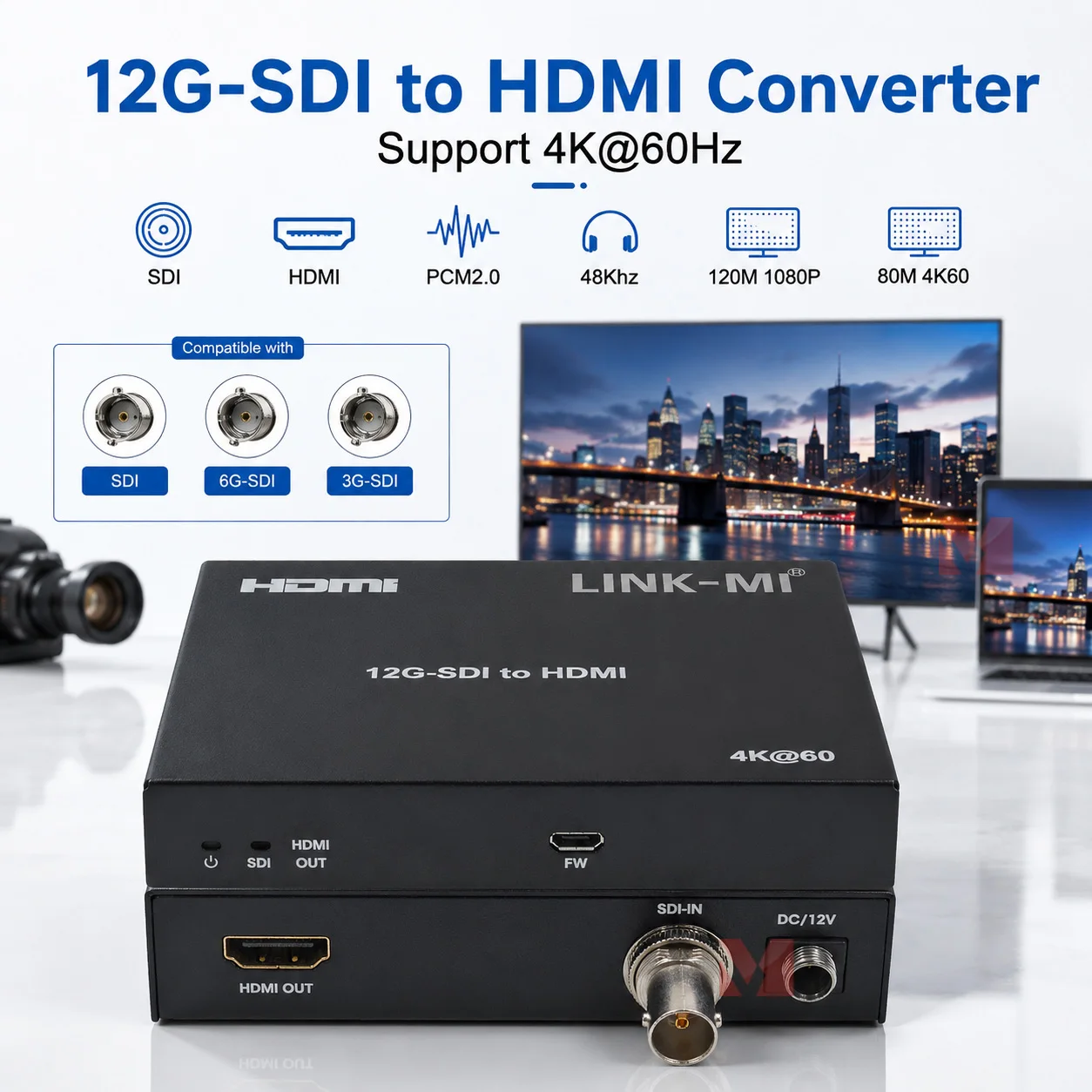 

LINK-MI 4K@60Hz 80m 12G/6G/3G-SDI to HDMI Converter 4k@30H 6G to HDMI Converter 1080P 3G to HDMI Converter 120M For HDTV