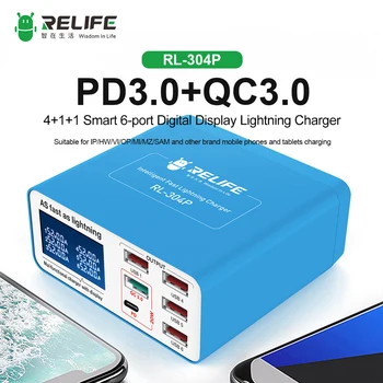 Relife RL-304P ดิจิตอลจอแสดงผล6-Port USB Charger QC3.0 + PD3.0 Fast Charging Machine สำหรับโทรศัพท์ Android แท็บเล็ต