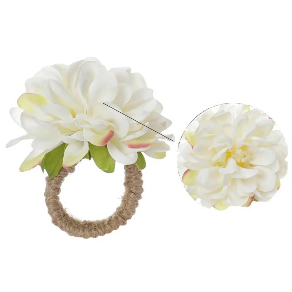 6pcs Silk Cloth Artificial Flower Napkin Rings 3.15×2.95in White Fake Floral Napkin Holders Handmade Loop