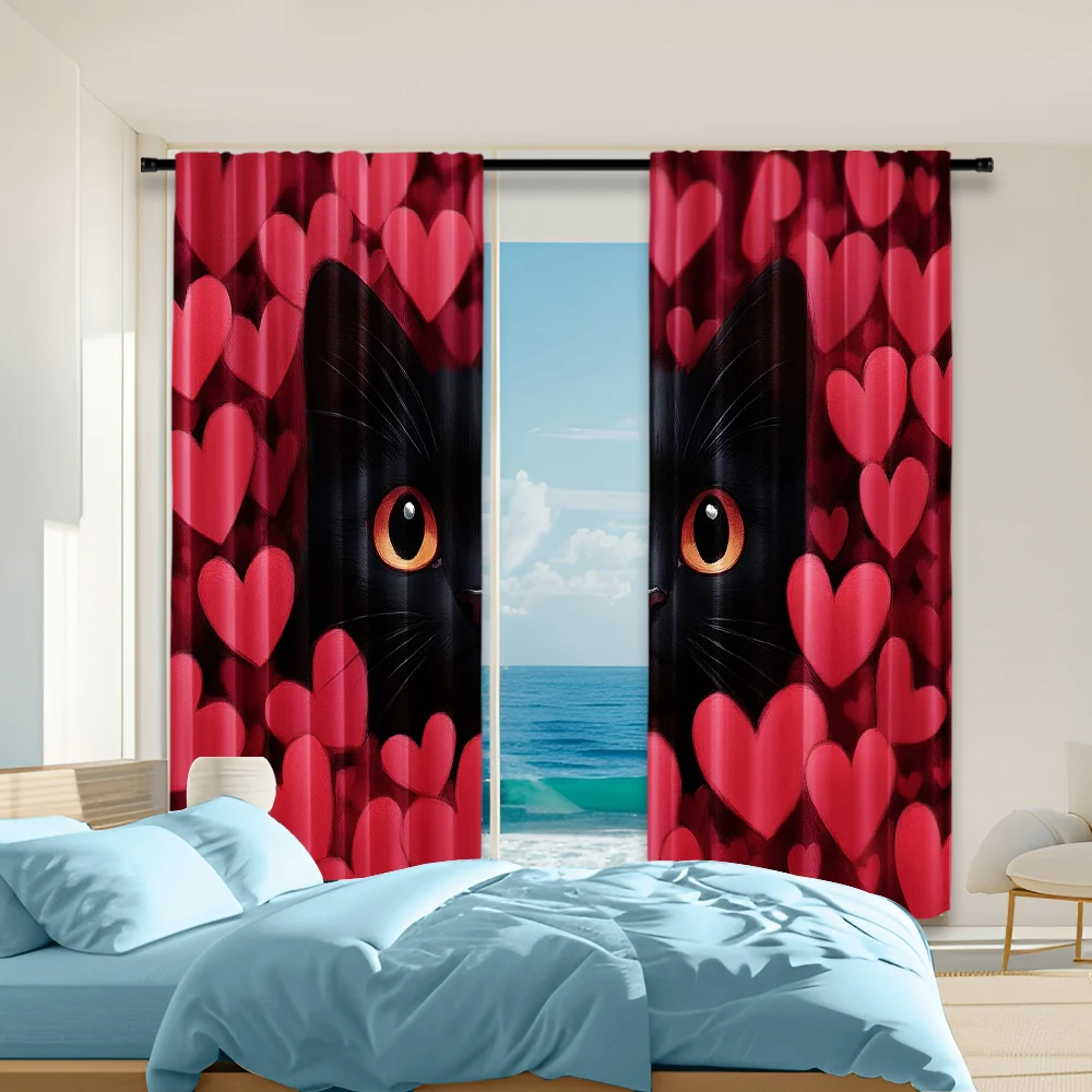 2 pcs, versatile polyester transparent curtains for home decoration Black Cats & Red Hearts for use in bedrooms and living rooms