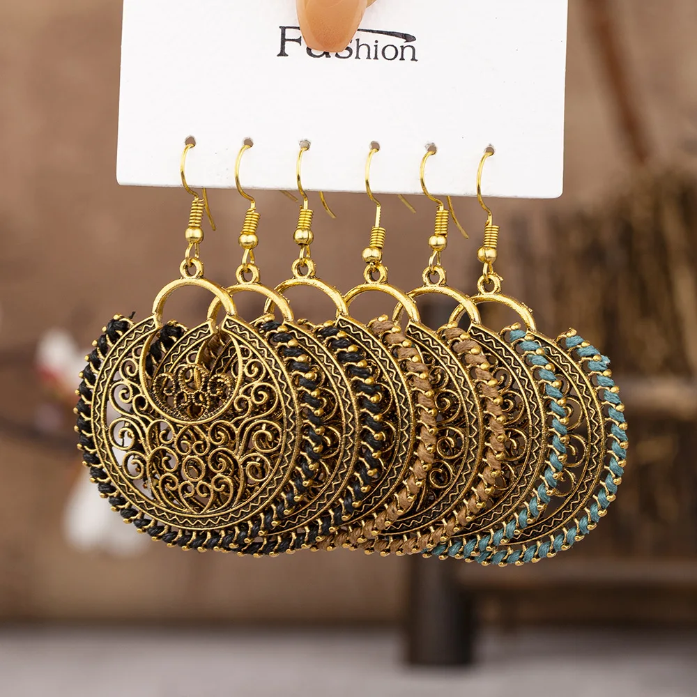 Vintage Bohemian Ethnic Drop Earrings Set for Women Elegant Gold Color Metal Hollow Geometric Dangle Earring Female Jewelry