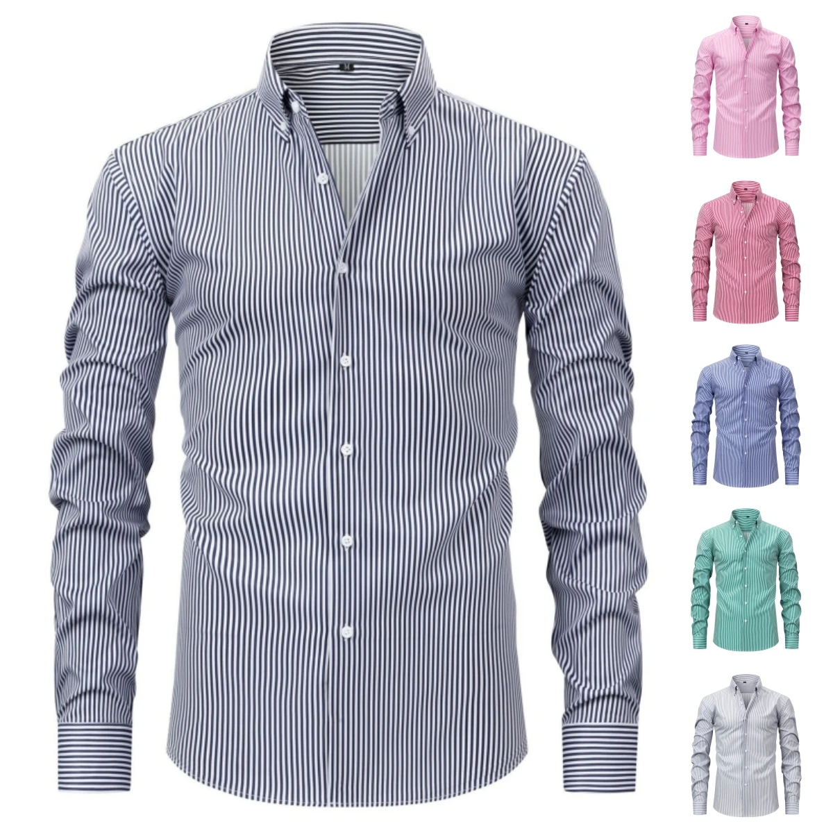 Men's Casual Stripe Pattern Long Sleeve Shirts Stand Collar Advanced Sensation Male Fashion Business Button Splicing Cardigan