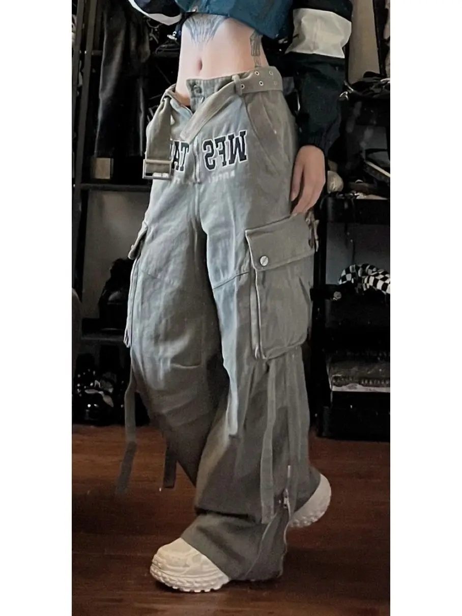 Gray Cargo Slacks Women's Early Autumn Letter Embroidery Jeans Straight Draping Loose Wide-leg Long Pants Y2K Style Slouchy Jean