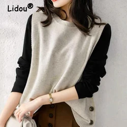 Women Elegant O-neck Sweater Vests Loose Sleeveless Knitted Sweaters Side Button All-match Stylish Popular Solid Cozy Pullovers