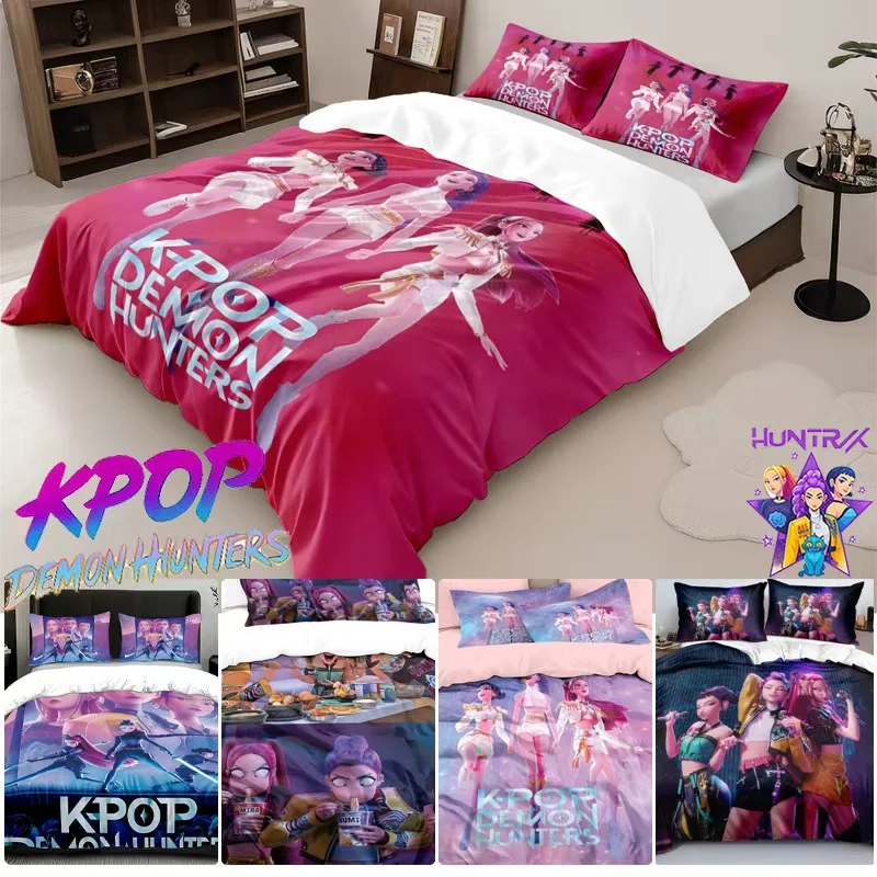 2025 Kpop شيطان الصيادين Huntrix طقم سرير ساجا رومي ميرا أحجام كاملة غطاء لحاف ملاءات للأطفال الكبار