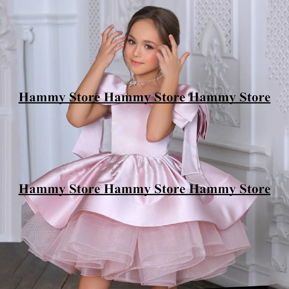 Dusty PinK Flower Girl Dress Customized Scoop Neck Off The Shoulder Big Bow Puff Cute Birthday Party Dresses Communion Gown