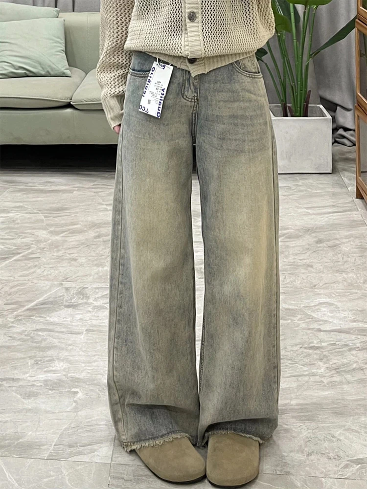 

Ретро джинсы с широкими штанинами и эффектом потертости, женские, больших размеров, свободные, с рваными краями, в пол, с высокой талией, осенние, повседневные брюки