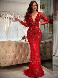 Red Mermaid Evening Dresses Long Sleeves V Neck  Sequins Sexy Beaded 3D Lace Diamonds Sparkly Zipper Prom Dresses Custom Made