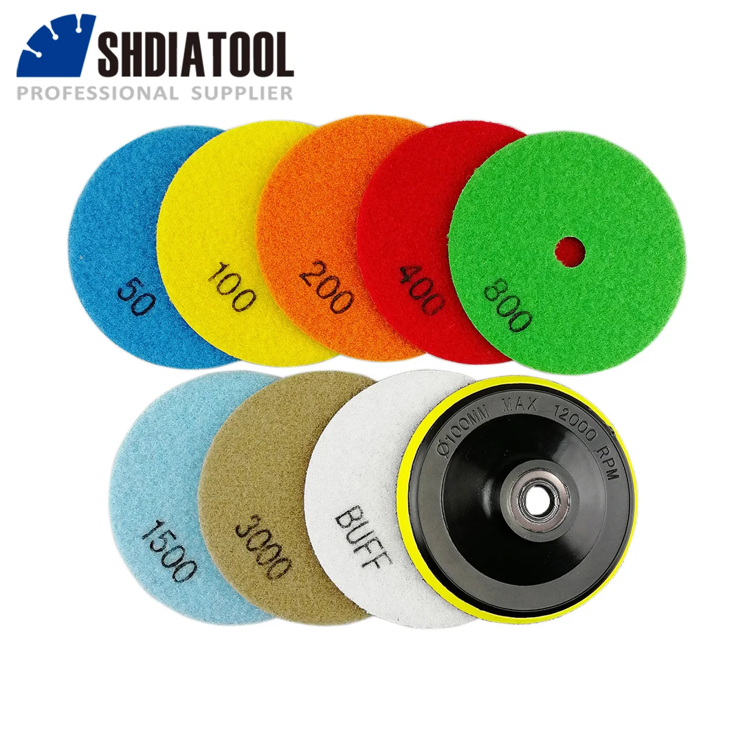 

SHDIATOOL 8pcs 4inch Dry Diamond Polishing Pads Set+1pc Foam Backer M14 Marble Granite Flexible #50-BUFF 100mm Sanding Disc