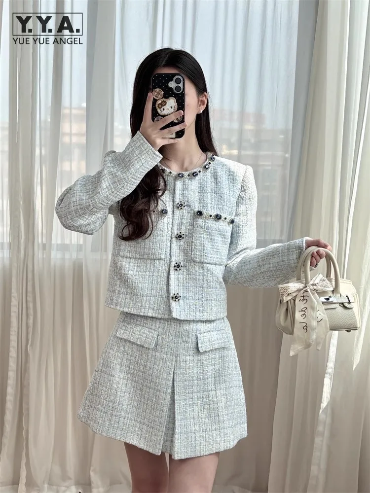 Elegant Females French Style Tweed Jacket O-Neck Stylish Single Breasted Long Sleeve Bead Diamonds Shiny Fashion Short Coat